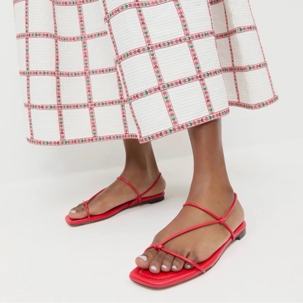 Loeffler Randall Strappy Square-Toe Flat Sandals Red Leather 7.5